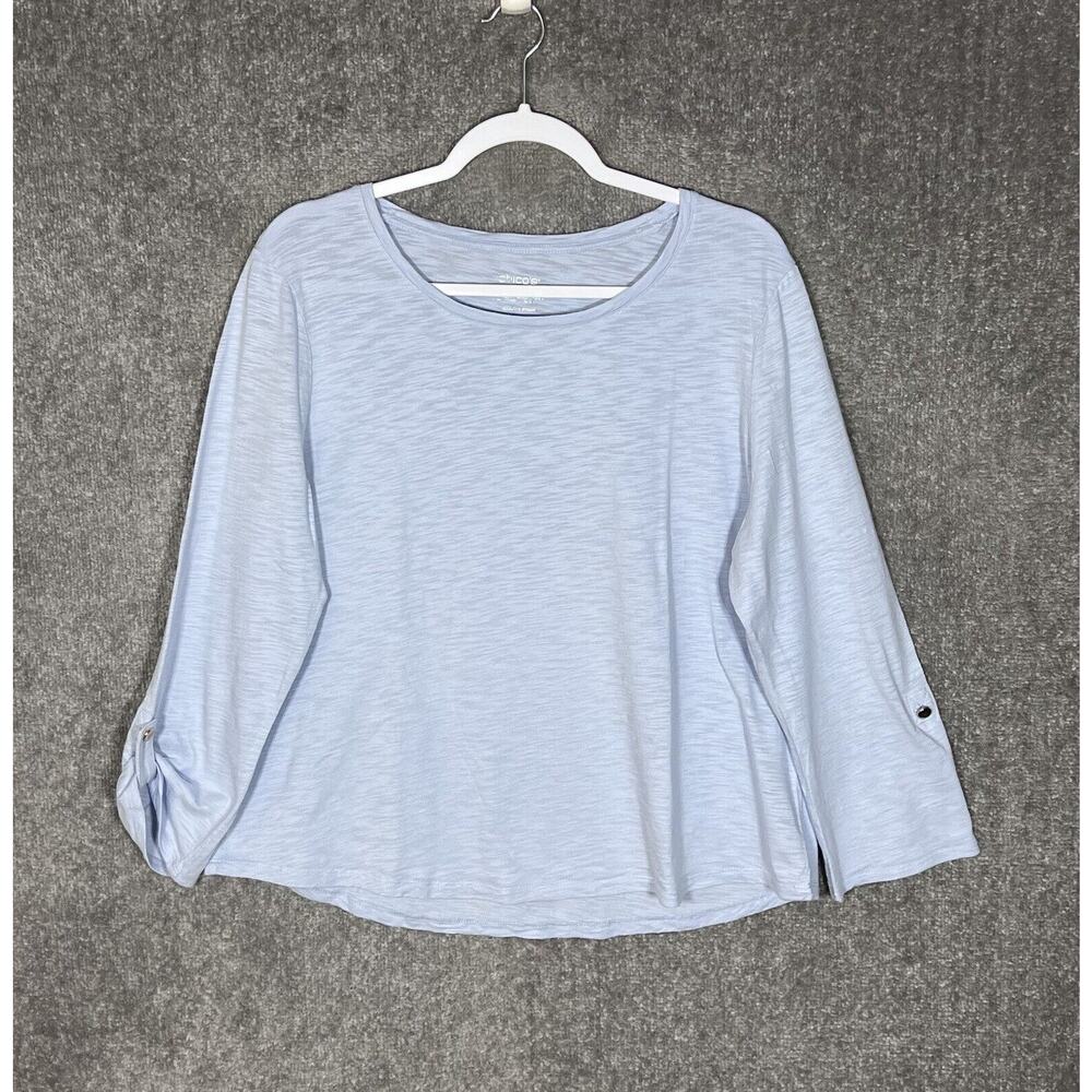 Chicos Ultimate Tee Shirt Womens US Size L Blue Slub Knit Scoop Neck Roll Tab